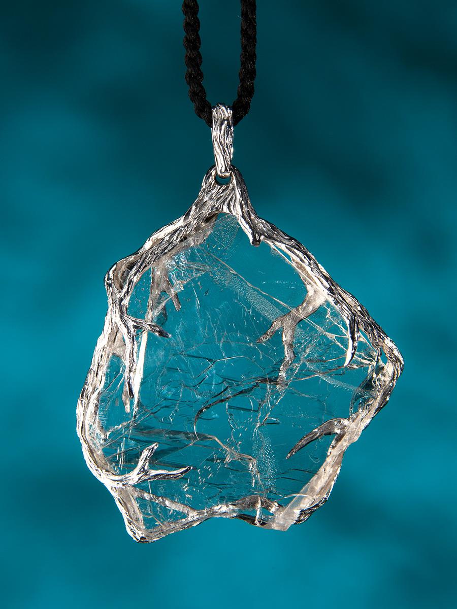 Topaz Slice Silver Pendant Natural Crystal Clear Transparent Raw Gemstone In New Condition For Sale In Berlin, DE