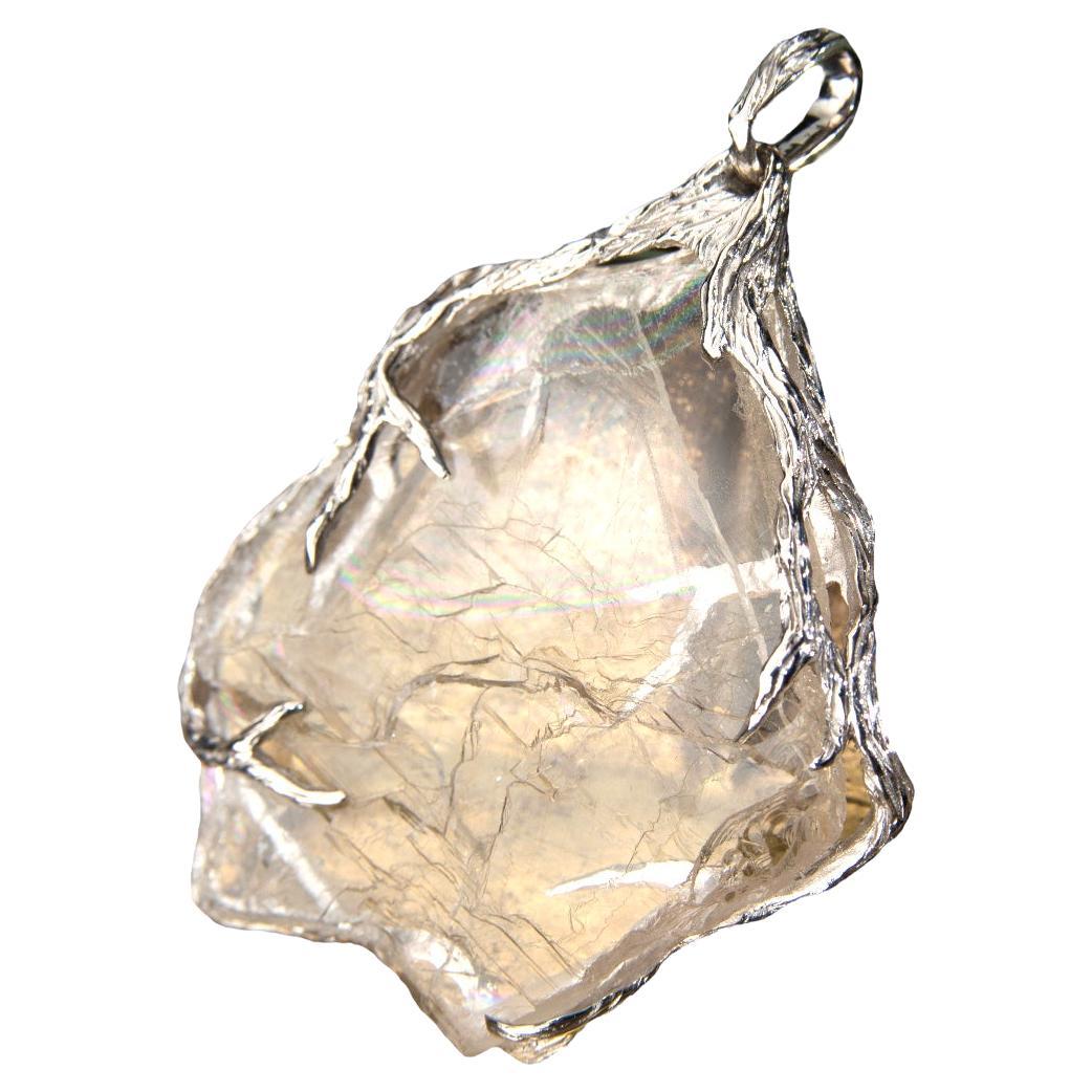 Topaz Slice Silver Pendant Natural Crystal Clear Transparent Raw Gemstone For Sale