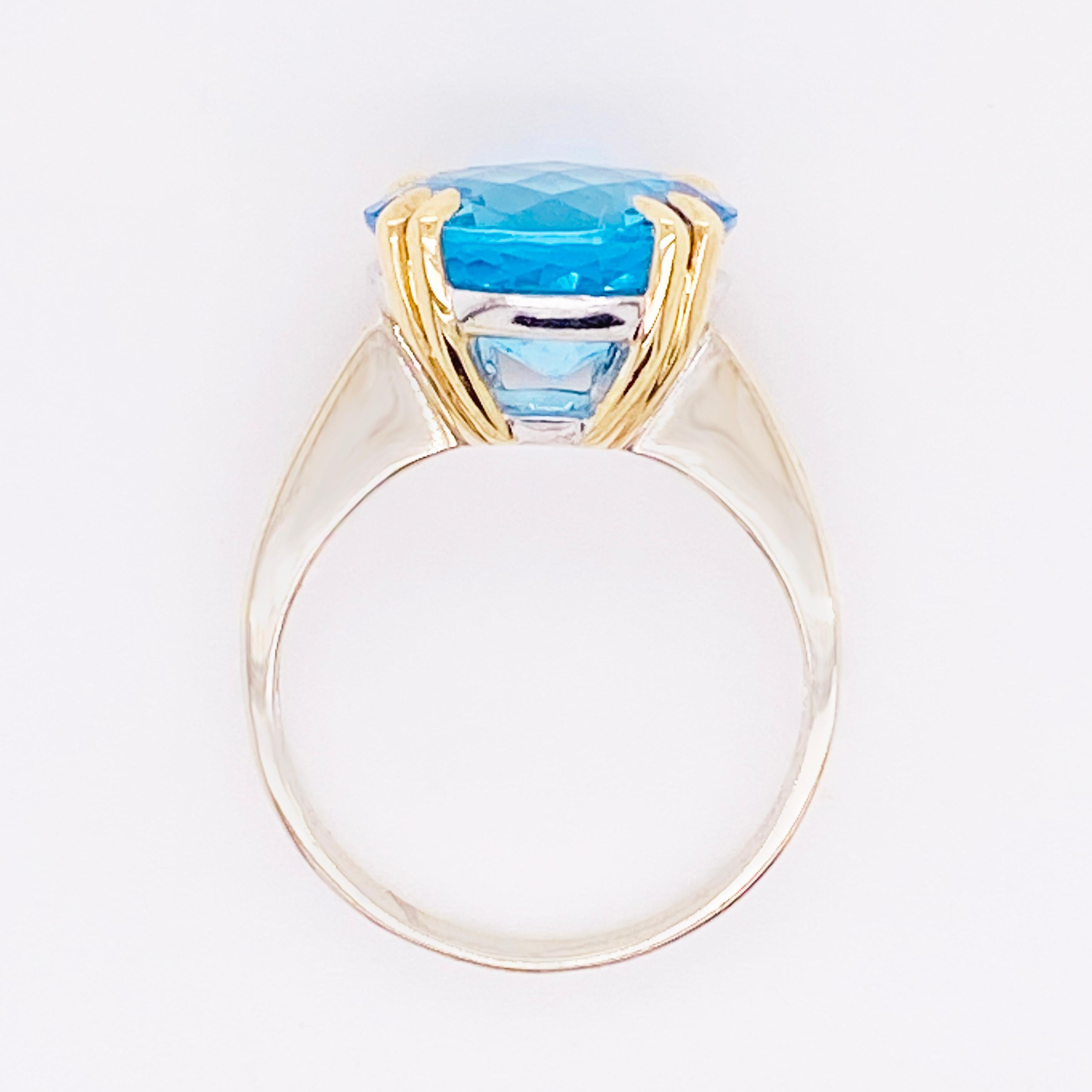 Contemporary Topaz Solitaire Ring, Blue Topaz Mixed Metals 6.16 carats Ring Two Tone sz 6.25