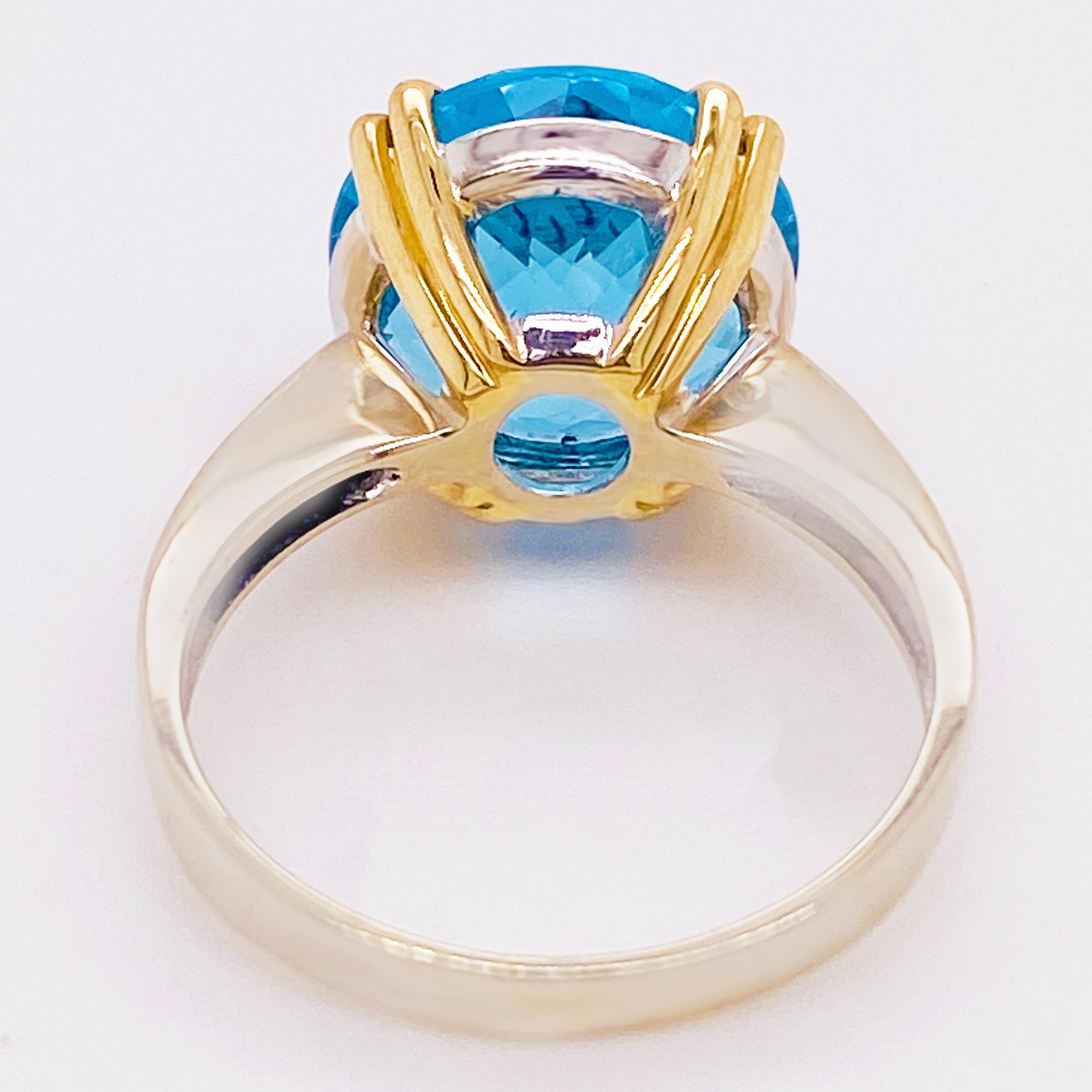 Round Cut Topaz Solitaire Ring, Blue Topaz Mixed Metals 6.16 carats Ring Two Tone sz 6.25