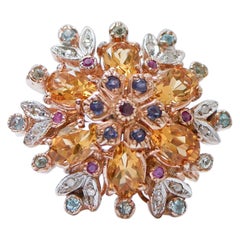 Topaz, Tourmaline, Iolite, Diamonds, Rose Gold and Silver Ring.