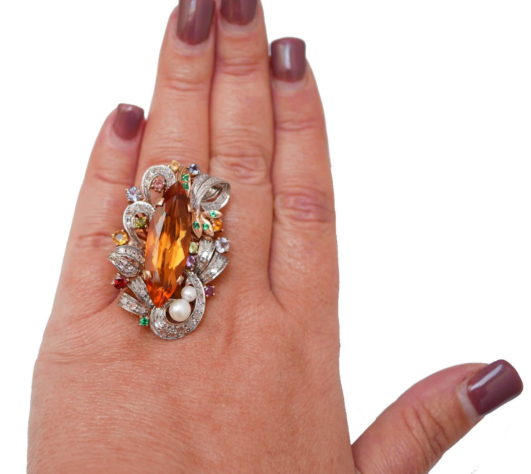 Taglio misto Topazio, Tsavorite, Ametiste, Tormalina, Diamanti, Anello in oro e argento 14Kt. in vendita