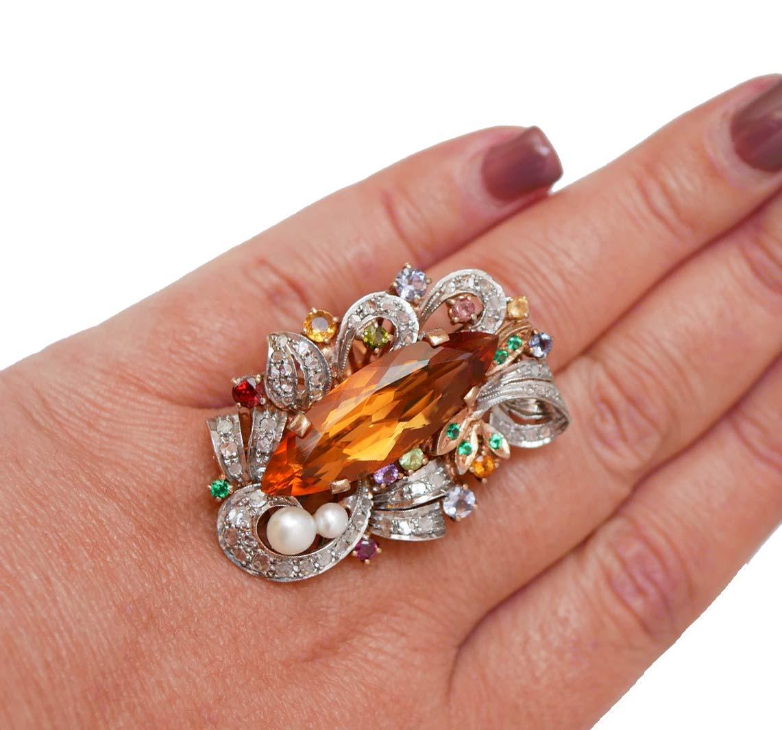 Topazio, Tsavorite, Ametiste, Tormalina, Diamanti, Anello in oro e argento 14Kt. In condizioni buone in vendita a Marcianise, Marcianise (CE)