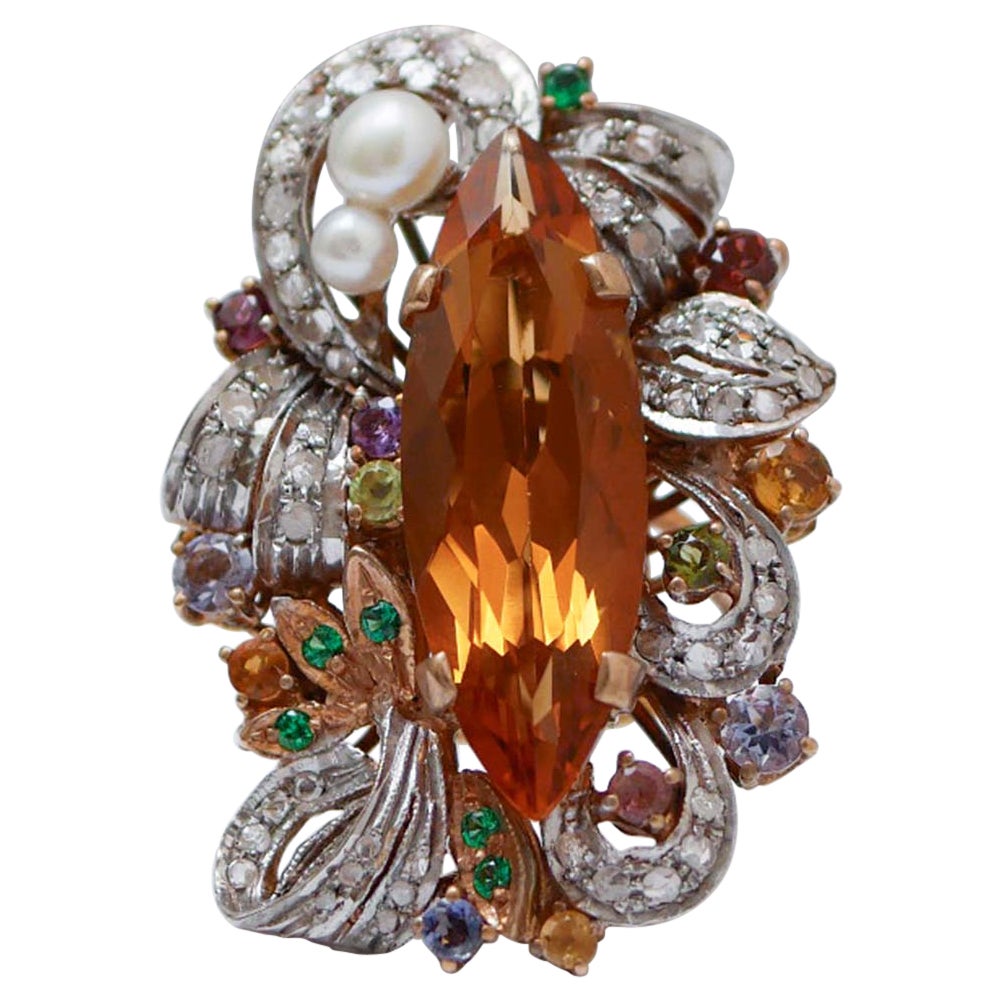 Topazio, Tsavorite, Ametiste, Tormalina, Diamanti, Anello in oro e argento 14Kt.
