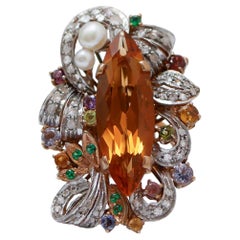Topaz, Tsavorite, Amethysts, Tourmaline, Diamonds, 14Kt Gold and Silver Ring.