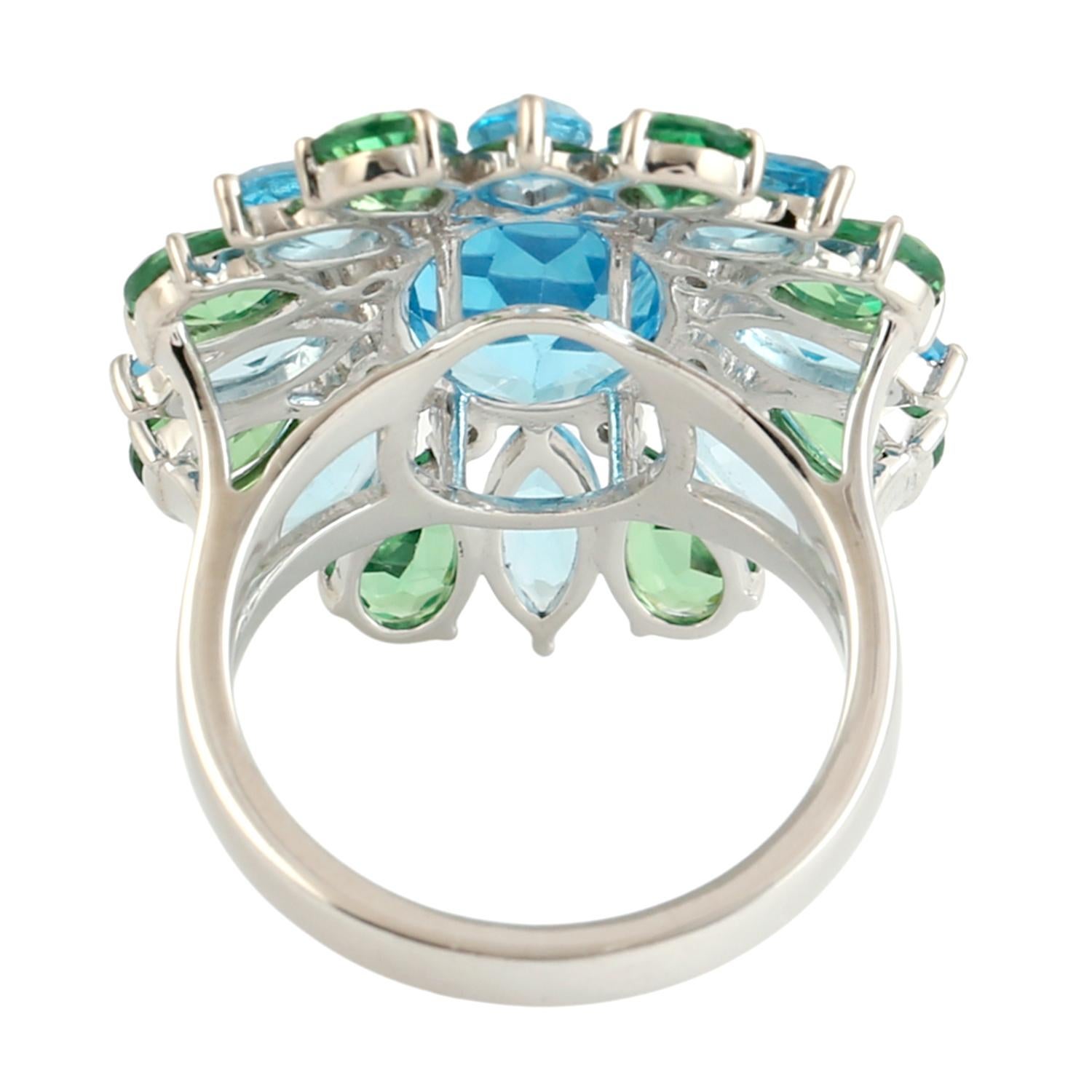 Topaz & Tsavorite Cocktail Ring Accented With Diamonds Made In 14k White Gold (Gemischter Schliff) im Angebot