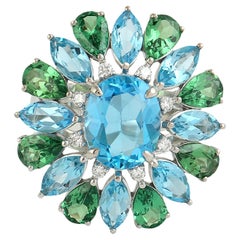 Topaz & Tsavorite Cocktail Ring Accented With Diamonds Made In 14k White Gold