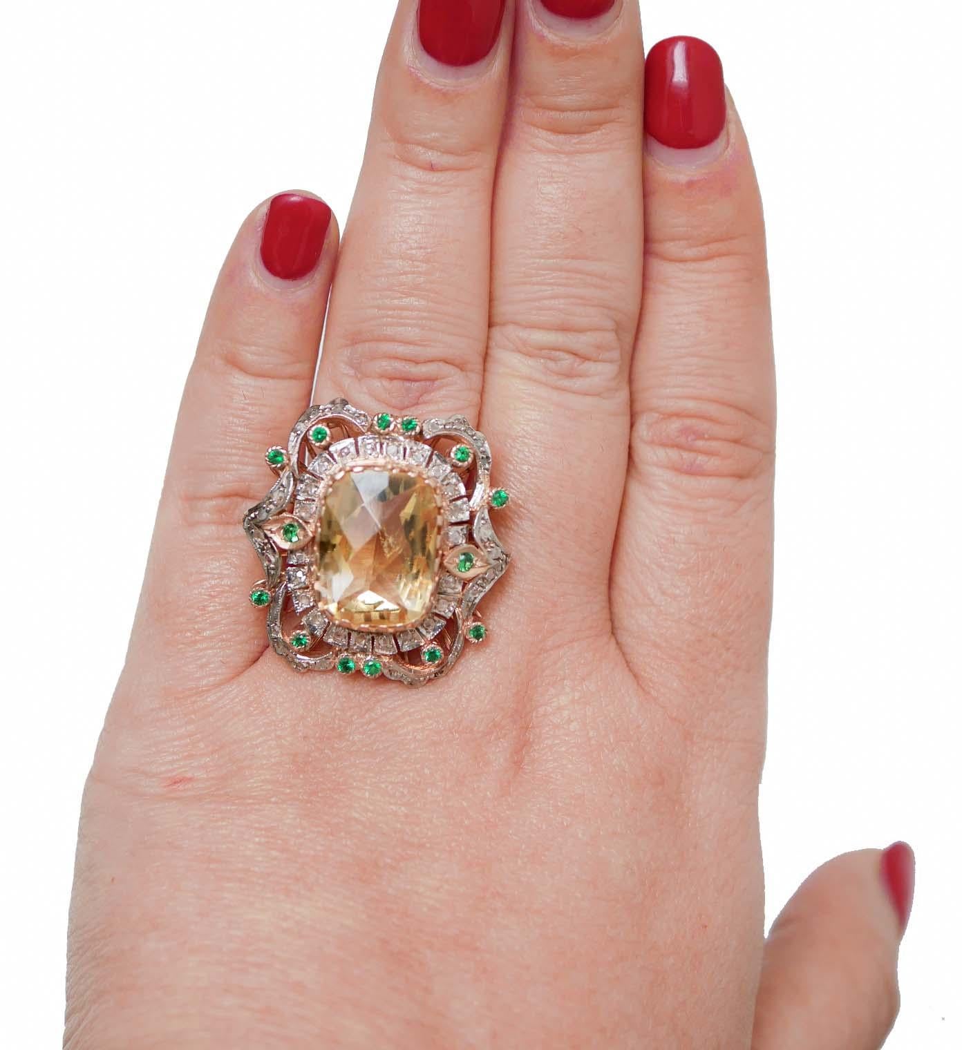 Taille mixte Topaze, Tsavorite, Diamants, Bague en or rose et argent. en vente