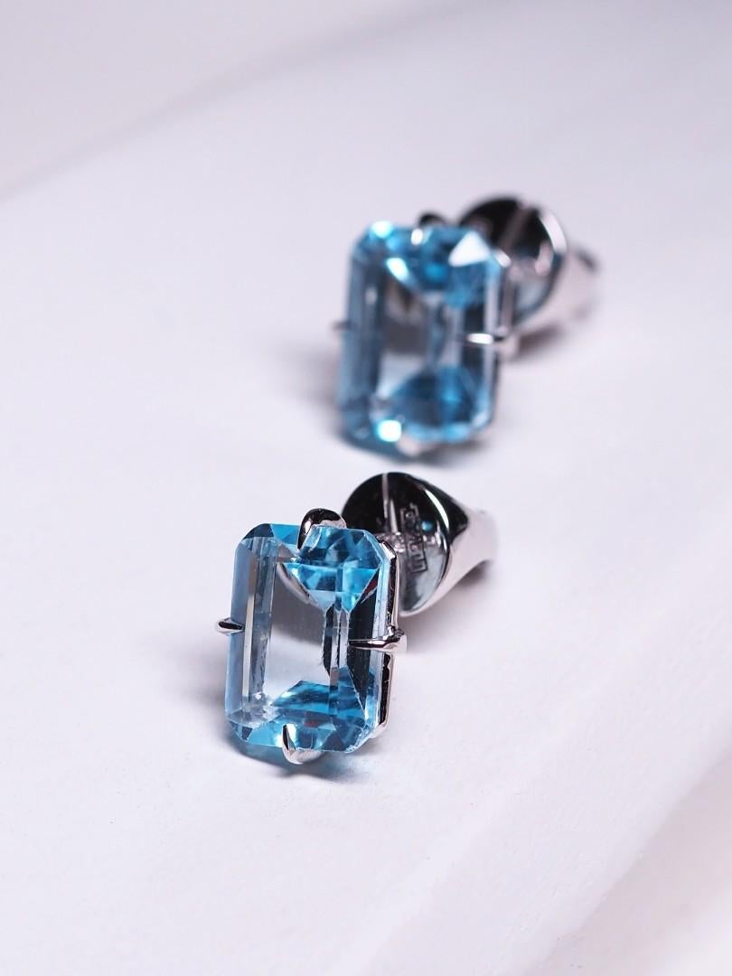 Clous d'oreilles cadeau de mariage en or blanc avec topaze et pierres bleues octogonales en vente 2