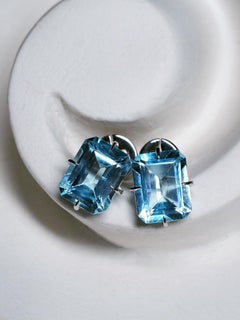 Topaz White Gold Stud Earrings Colored Stones Octagon Cut Gem Clear Blue Water