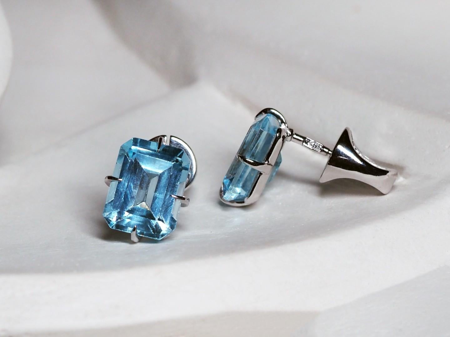 Artisan Topaz White Gold Stud Earrings Colored Stones Octagon Cut Gem Clear Blue Water For Sale