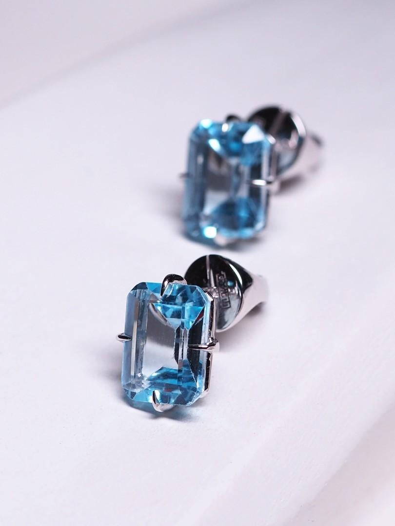 Women's or Men's Topaz White Gold Stud Earrings Colored Stones Octagon Cut Gem Clear Blue Water For Sale