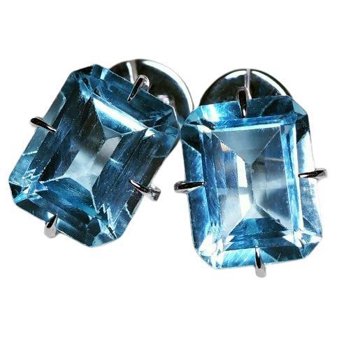 Topaz White Gold Stud Earrings Colored Stones Octagon Cut Gem Clear Blue Water