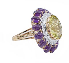 Topaz, Amethysts, Diamonds, 14 Karat Rose and White Gold Ring