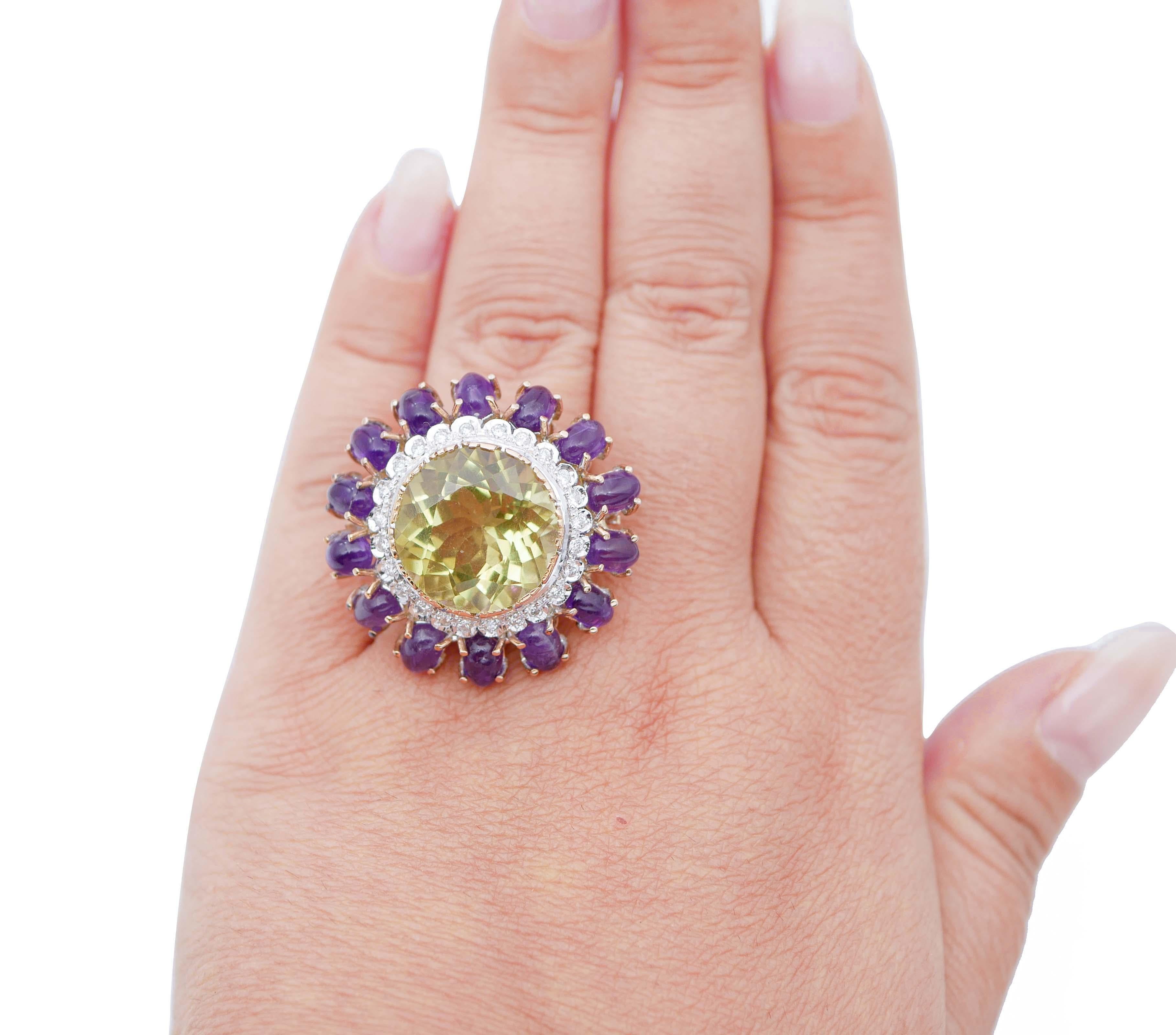 Mixed Cut Topaz, Amethysts, Diamonds, 14 Karat Rose and White Gold Ring For Sale