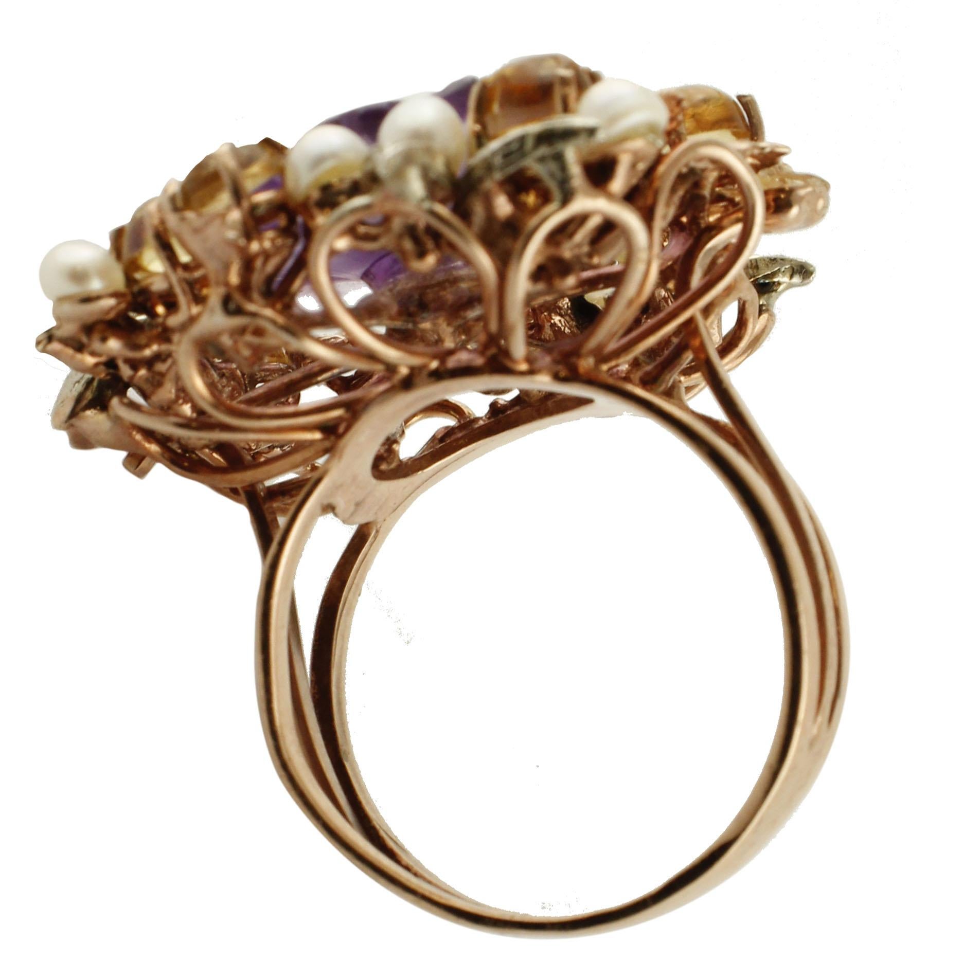 Retro Topazes Amethyst Flower Pearls Diamonds Rose Gold and Silver Cocktail Ring For Sale