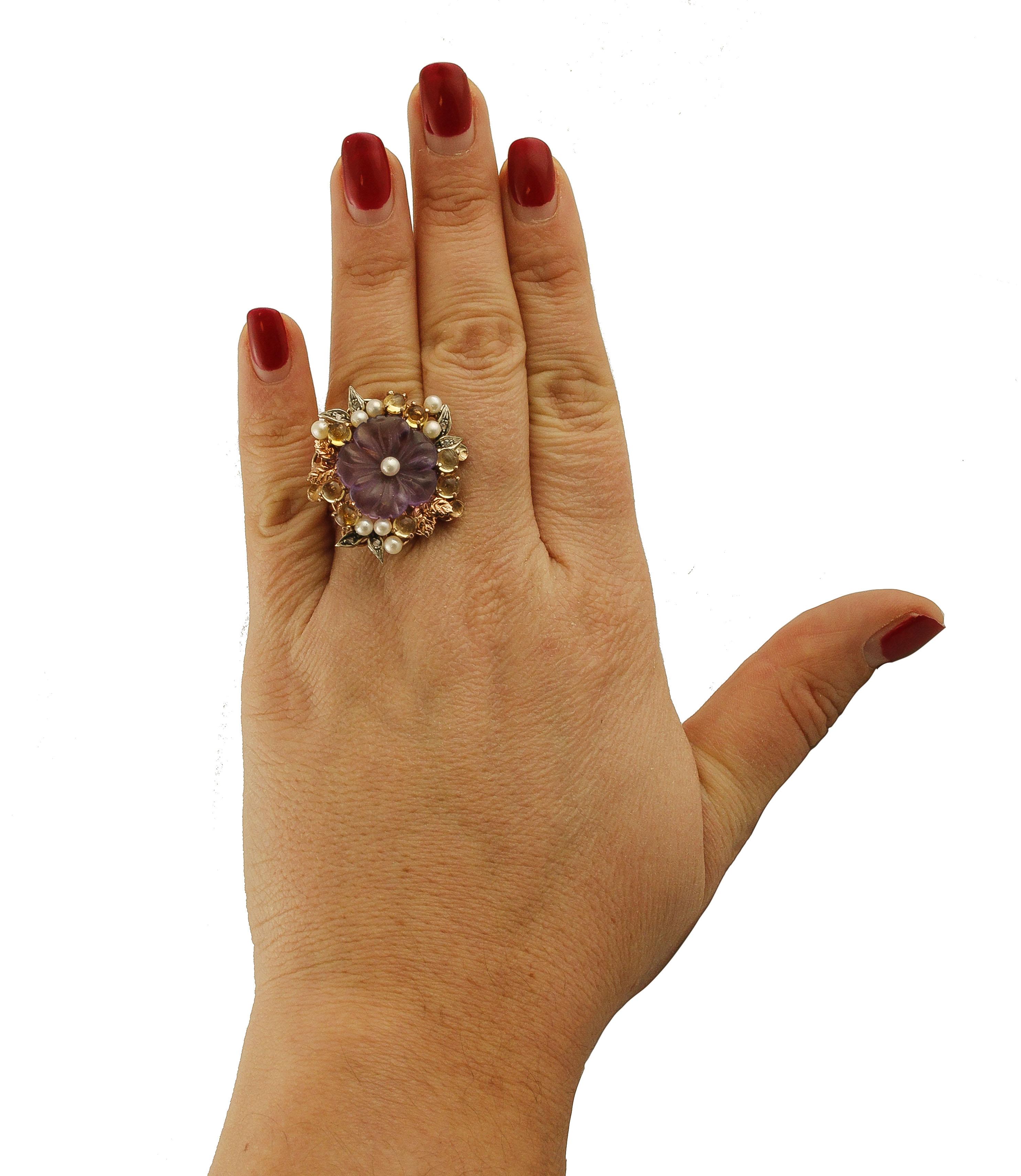 Mixed Cut Topazes Amethyst Flower Pearls Diamonds Rose Gold and Silver Cocktail Ring For Sale