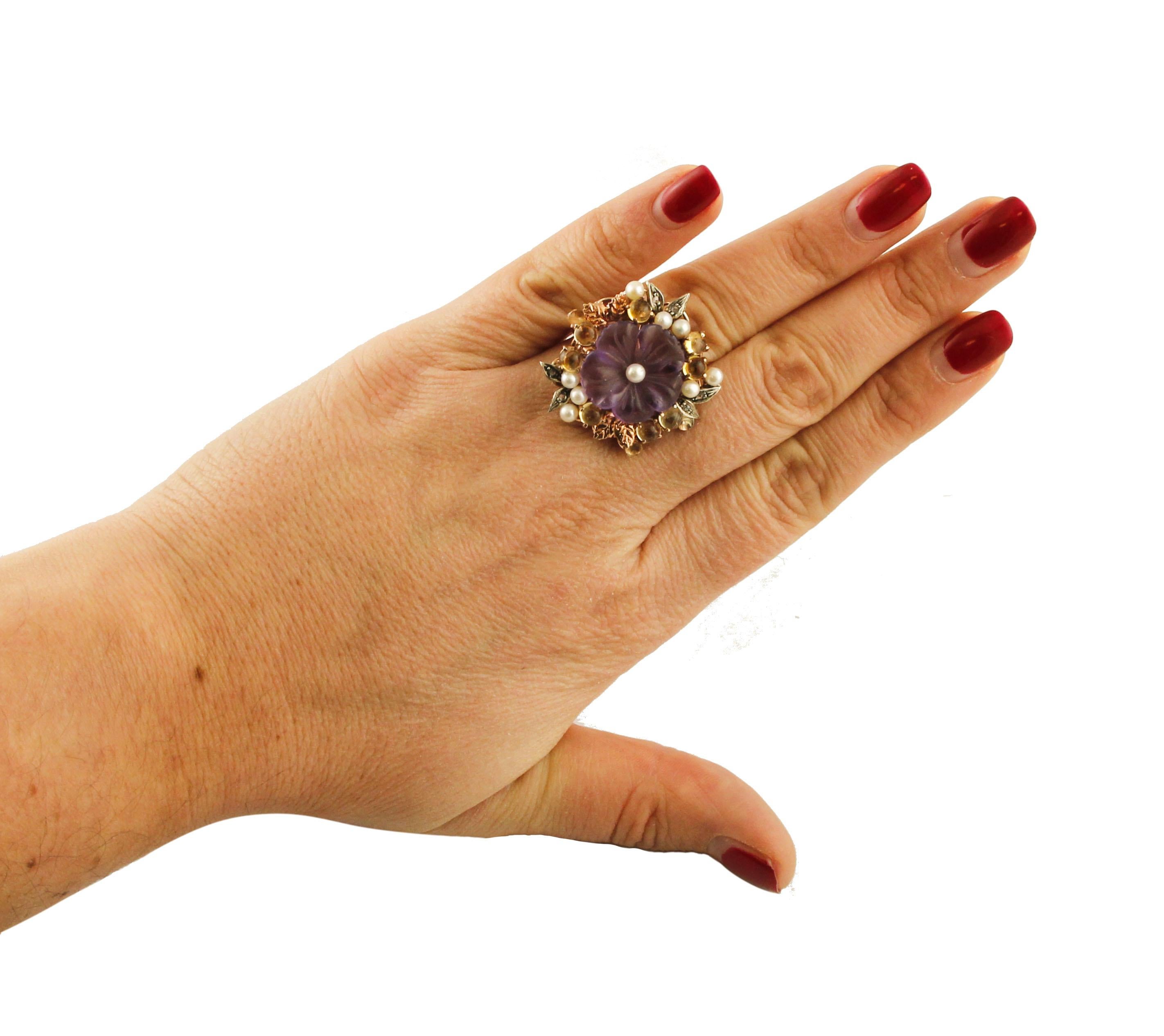 Topazes Amethyst Flower Pearls Diamonds Rose Gold and Silver Cocktail Ring In Good Condition For Sale In Marcianise, Marcianise (CE)