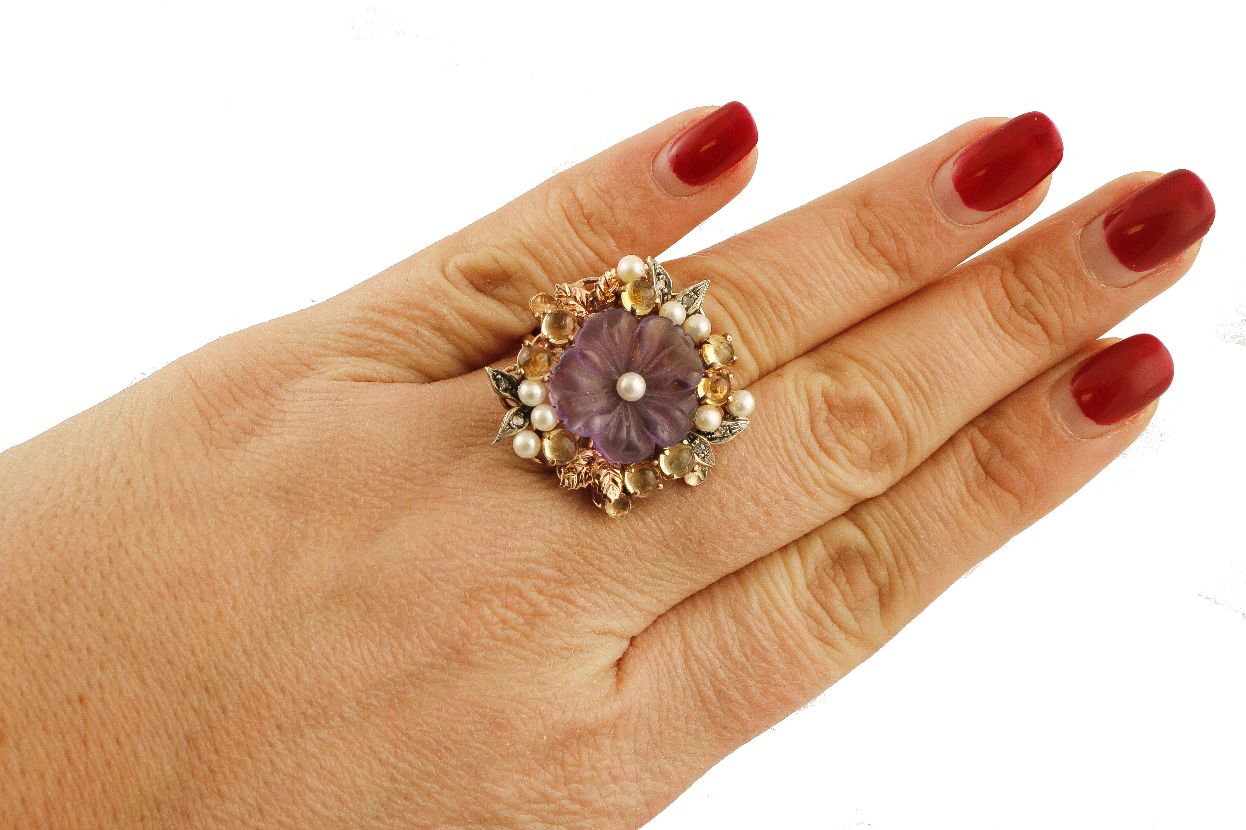 Women's Topazes Amethyst Flower Pearls Diamonds Rose Gold and Silver Cocktail Ring For Sale