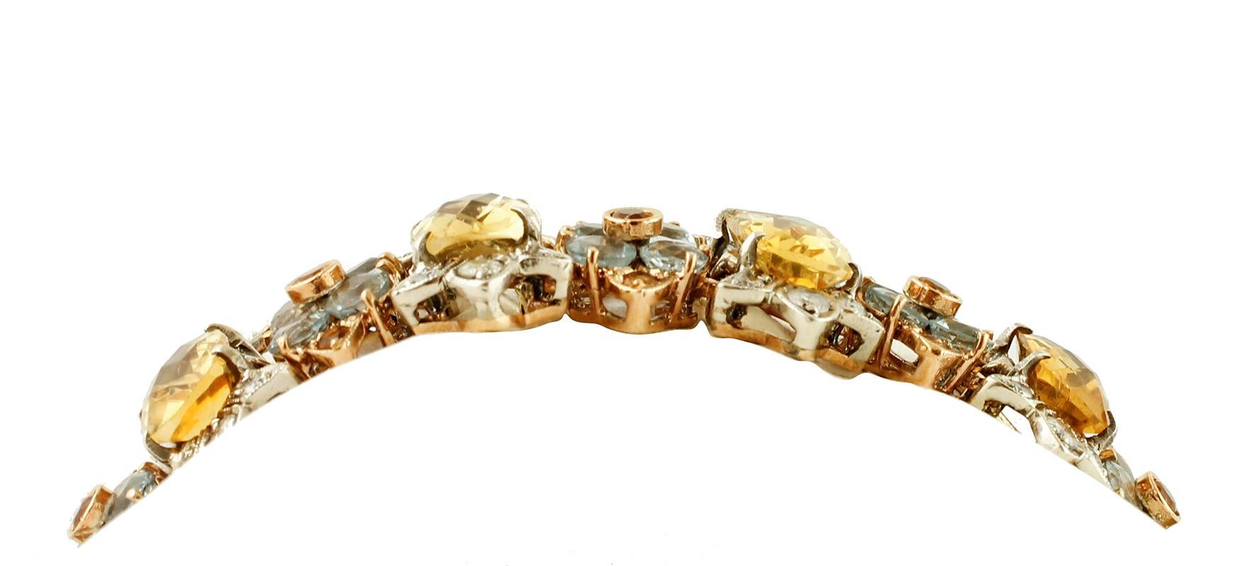 Topazes, Aquamarines, Diamonds, Rose Gold and Silver Retro Bracelet In Good Condition In Marcianise, Marcianise (CE)
