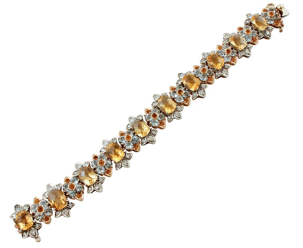 Women's Topazes, Aquamarines, Diamonds, Rose Gold and Silver Retro Bracelet