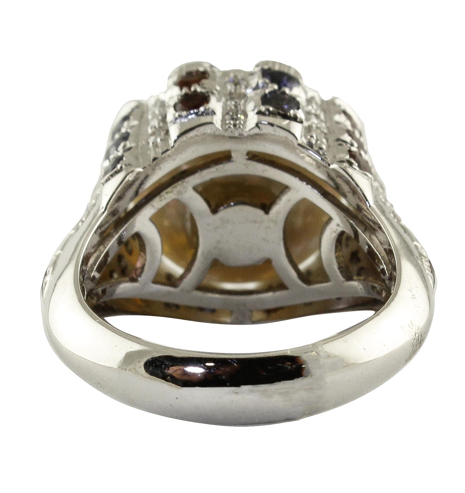 Mixed Cut Citrini, Iolites, Tourmalines, Diamonds, South-Sea Pearl, 1 4 Kt White Gold Ring For Sale