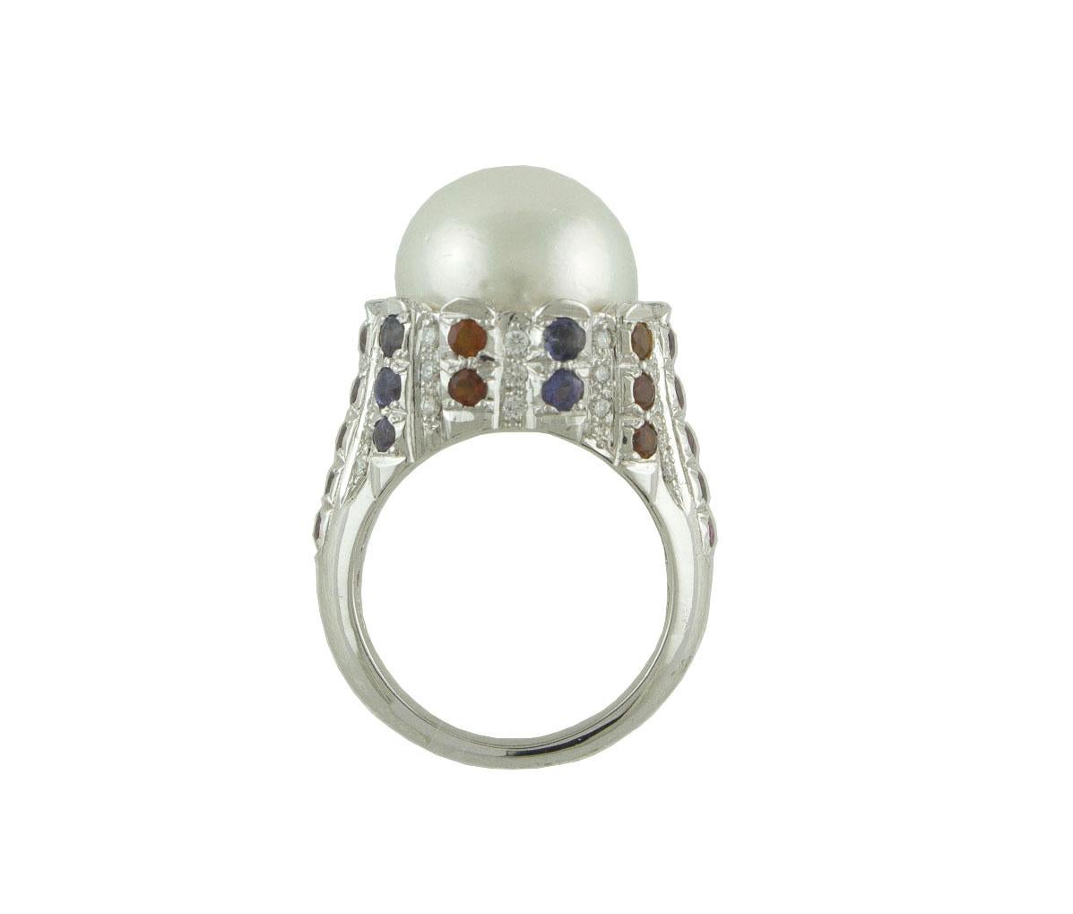 Citrini, Iolites, Tourmalines, Diamonds, South-Sea Pearl, 1 4 Kt White Gold Ring In Good Condition For Sale In Marcianise, Marcianise (CE)