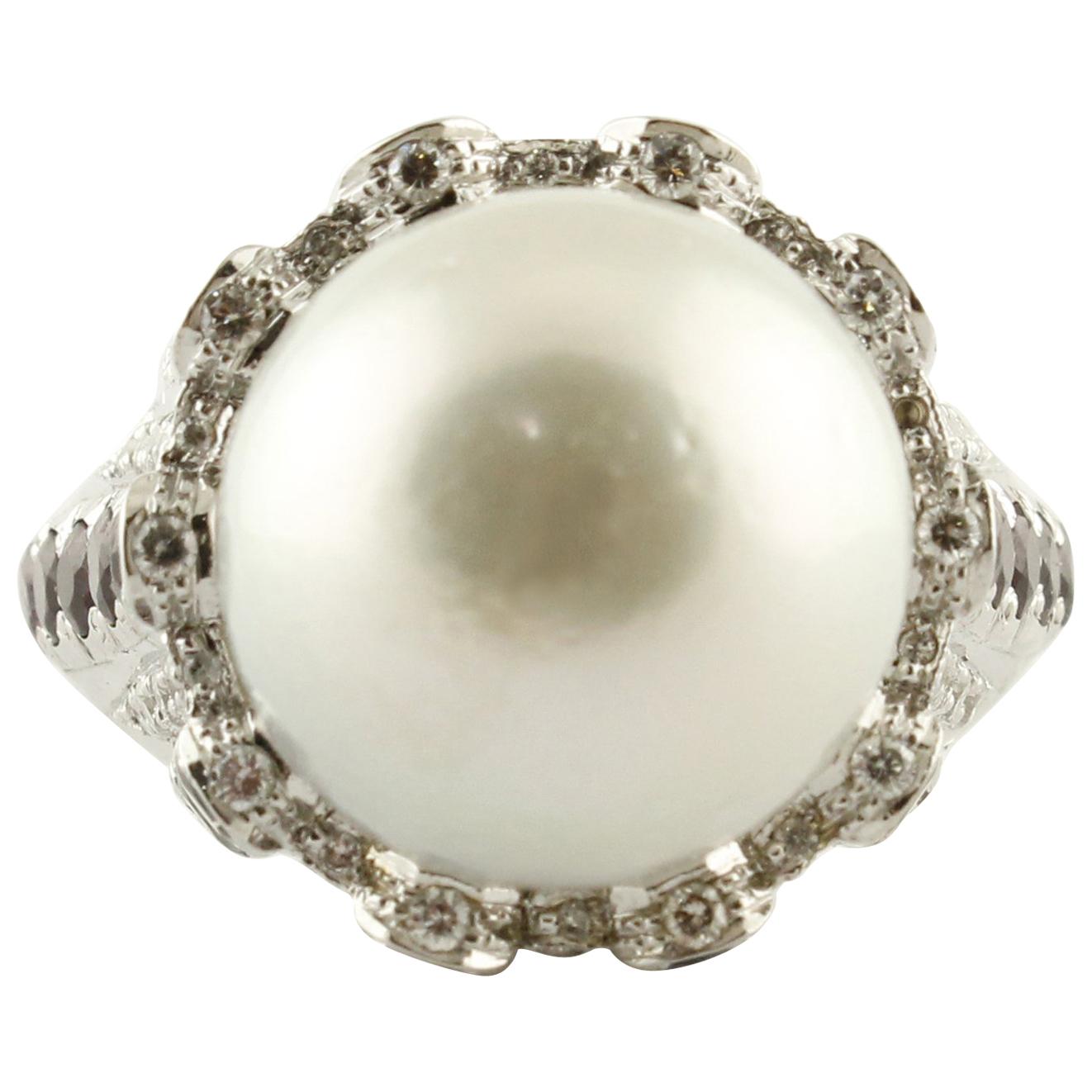 Citrini, Iolites, Tourmalines, Diamants, Perle de mer du Sud, Bague en or blanc 1 4 Kt