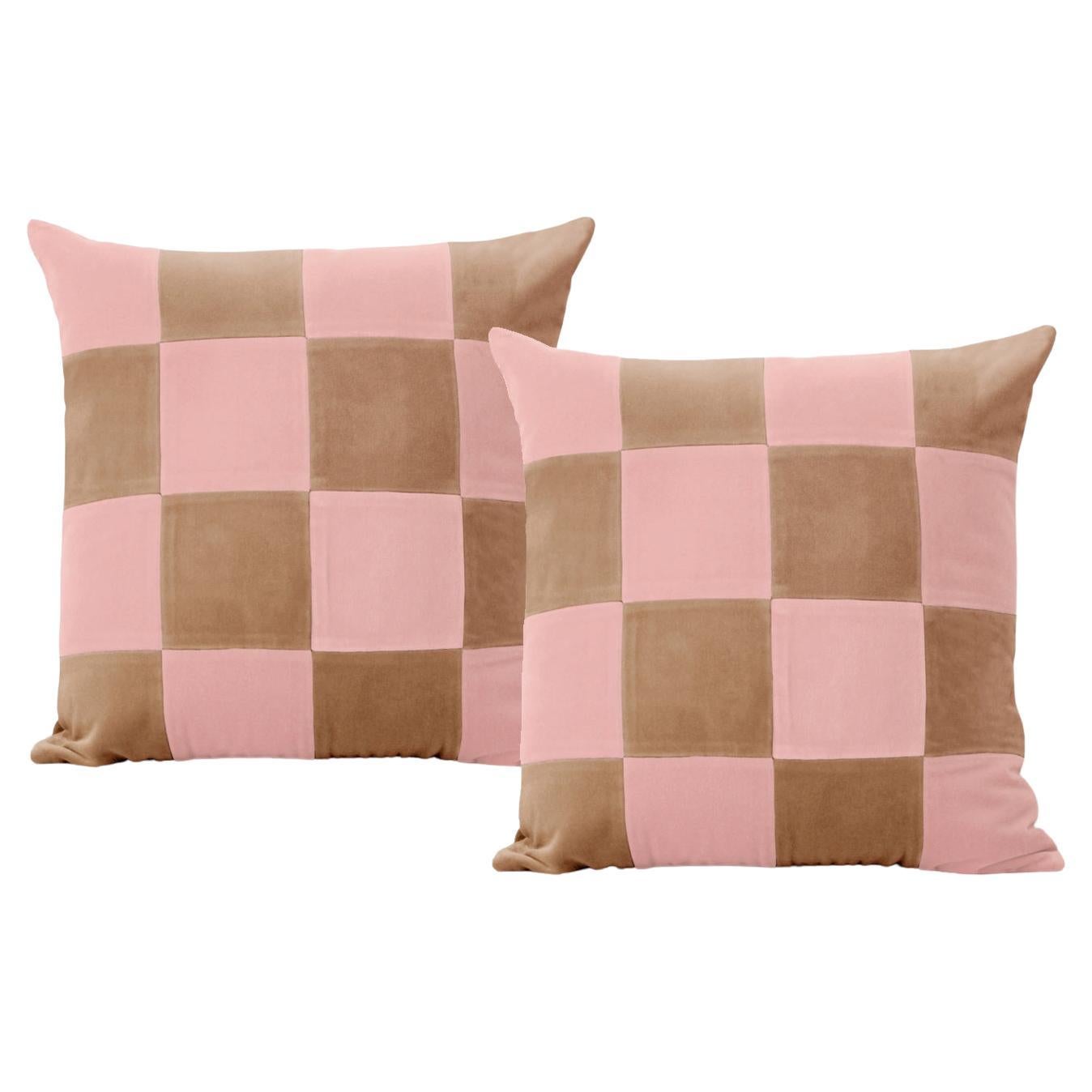 Topazio Pink & Cappuccino set of 2 Velvet Deluxe Handmade Decorative Pillows For Sale