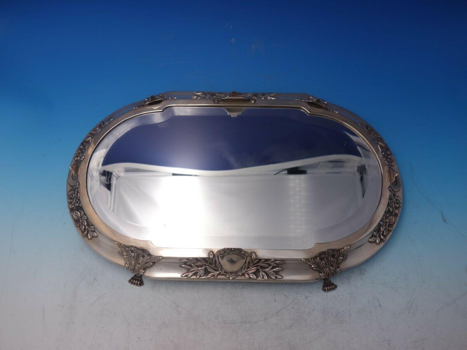 Lovely Portuguese sterling silver three piece centerpiece bowl on plateau by Topazio. This piece has a large bowl featuring dragon handles and glass insert. The bowl measures 12