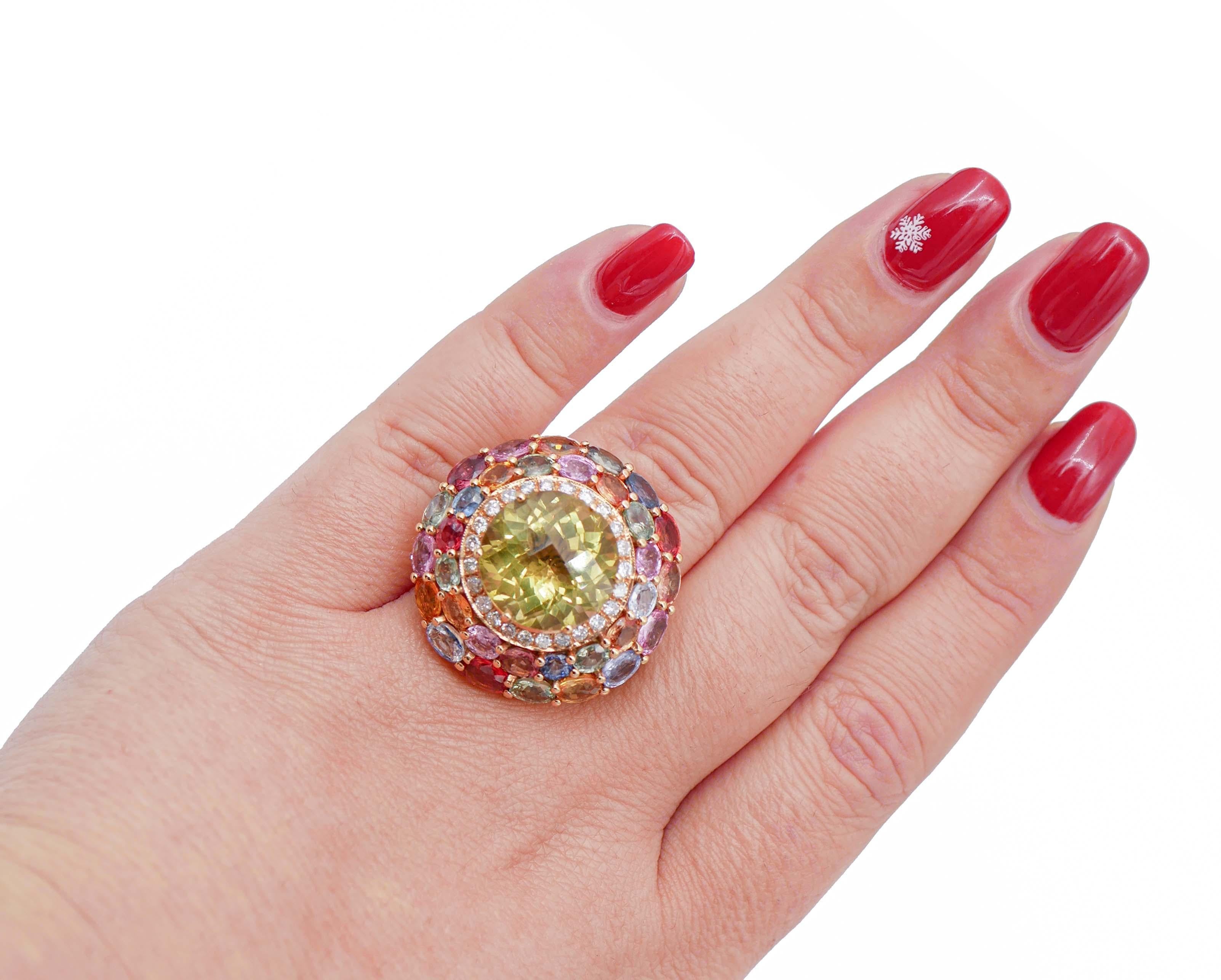 Retro Citrino, Multicolor Sapphires, Diamonds, 14 Karat Rose Gold Ring For Sale