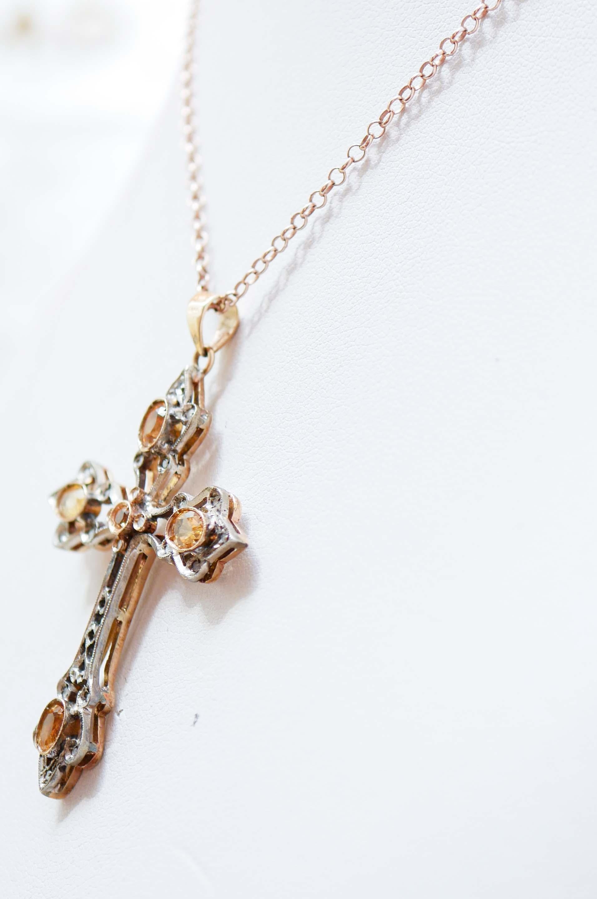 Retro Topazs, Diamonds, 14 Karat Rose Gold and Silver Cross Pendant Necklace. For Sale