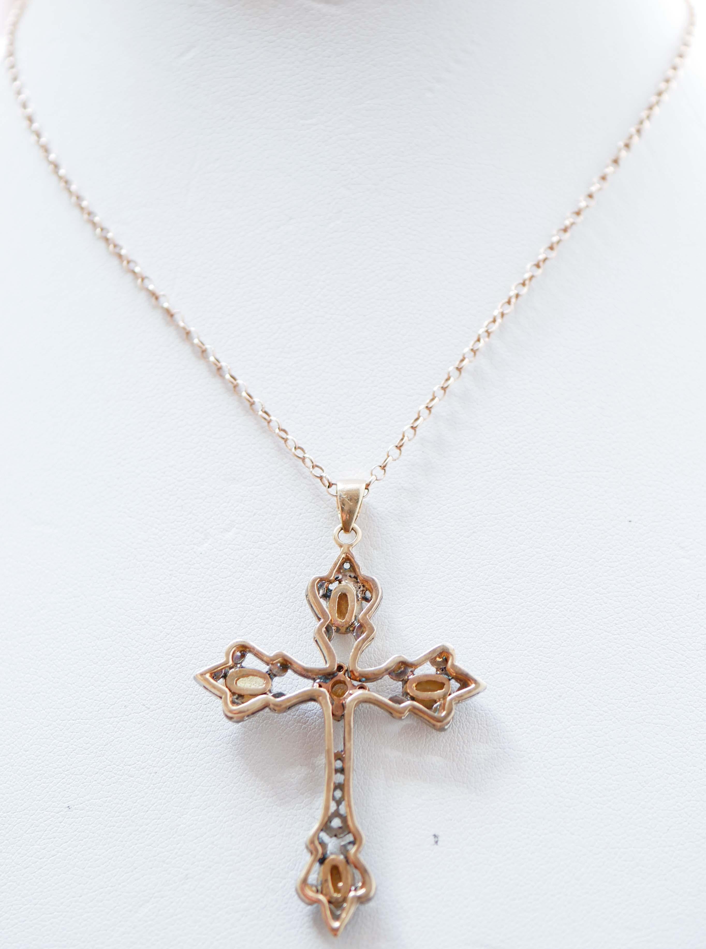 Mixed Cut Topazs, Diamonds, 14 Karat Rose Gold and Silver Cross Pendant Necklace. For Sale