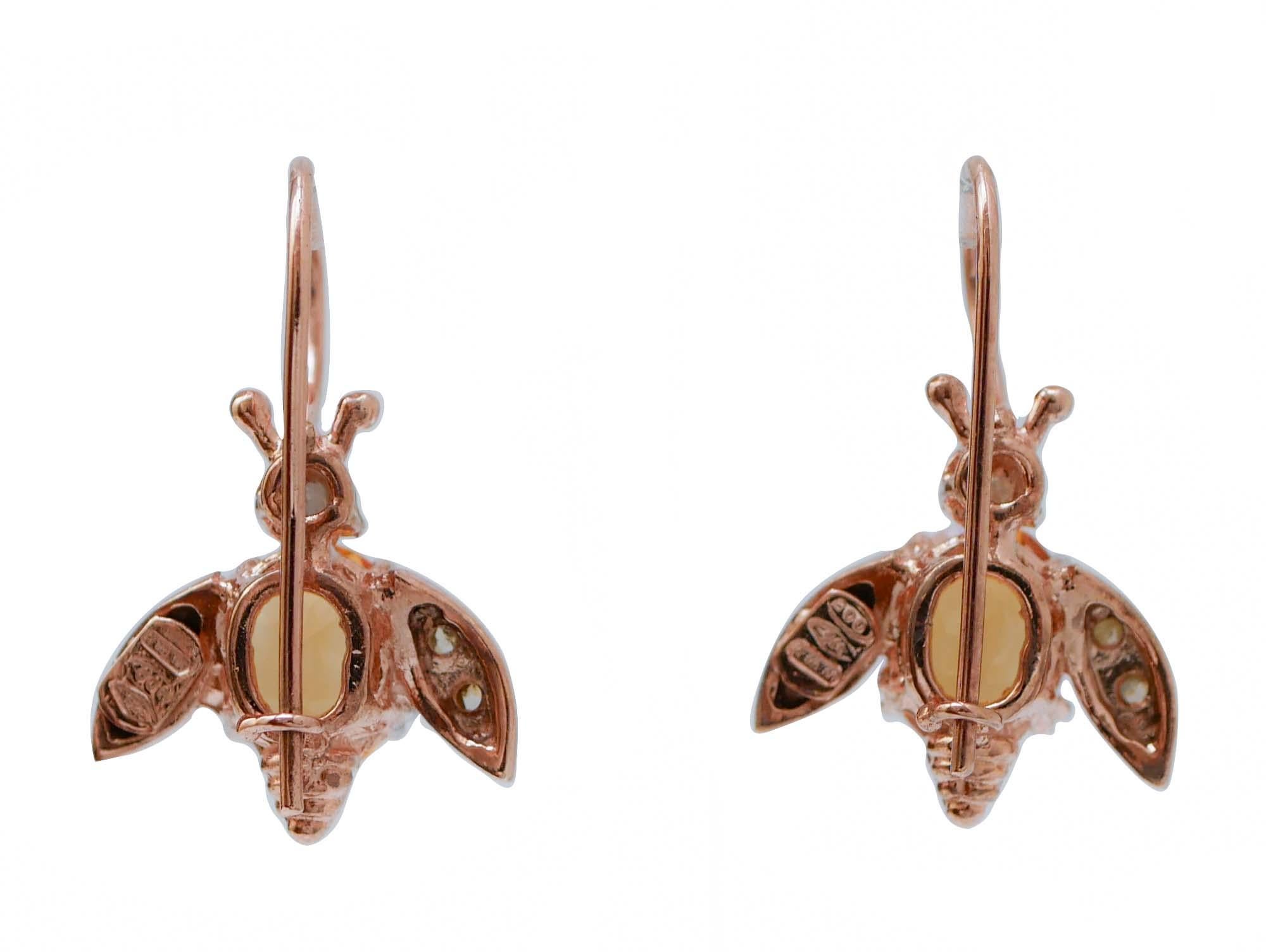 Retro Topazs, Diamonds, Rose Gold and Silver Fly Shape Earrings. For Sale