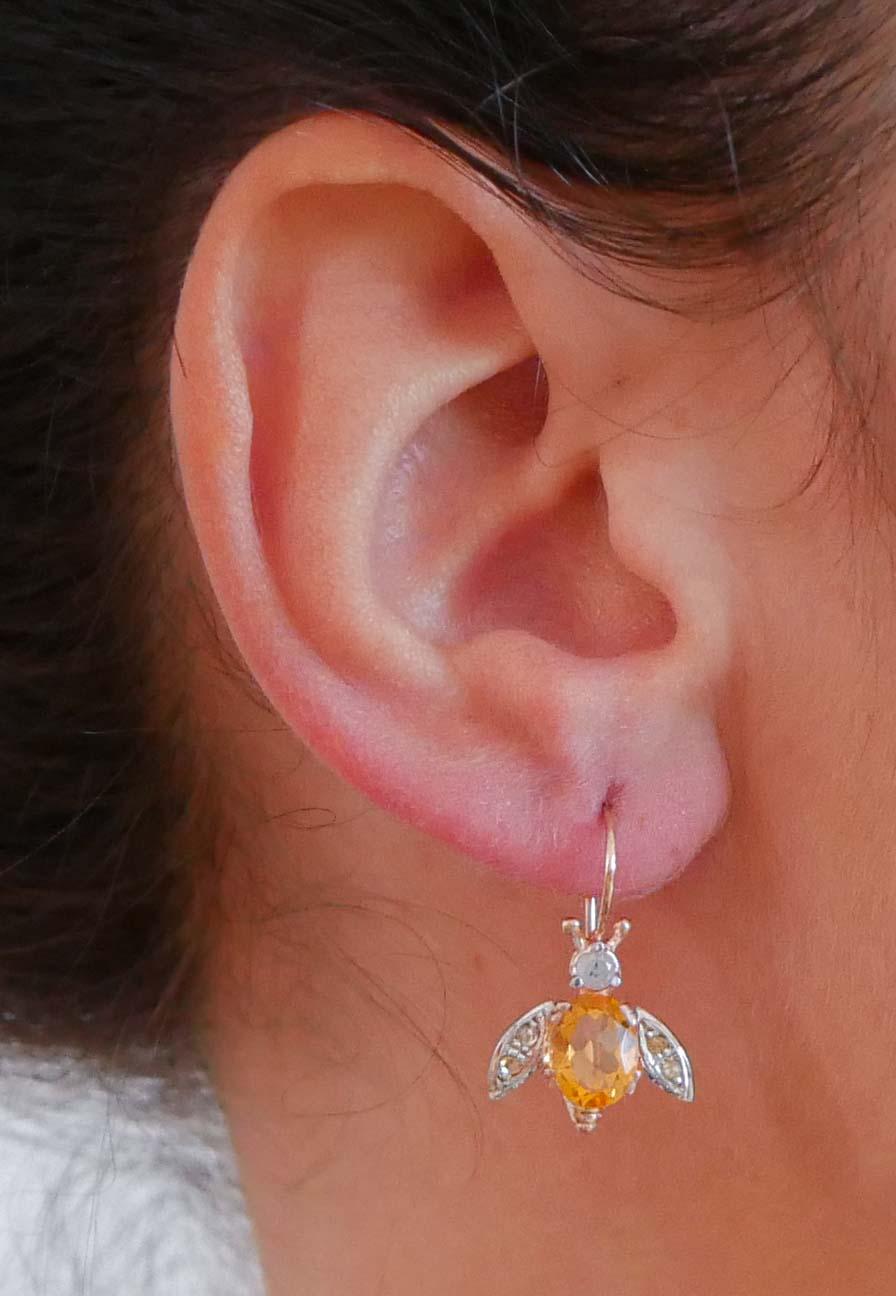 Topazs, Diamonds, Rose Gold and Silver Fly Shape Earrings. In Good Condition For Sale In Marcianise, Marcianise (CE)