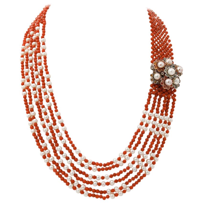 Topazs Emeralds Sapphires, Corals, Pearls, 9 Karat Rose Gold and Silver Necklace For Sale