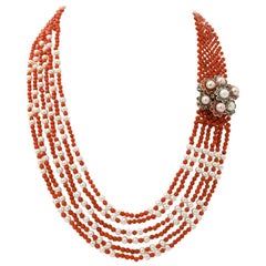 Topazs Emeralds Sapphires, Corals, Pearls, 9 Karat Rose Gold and Silver Necklace