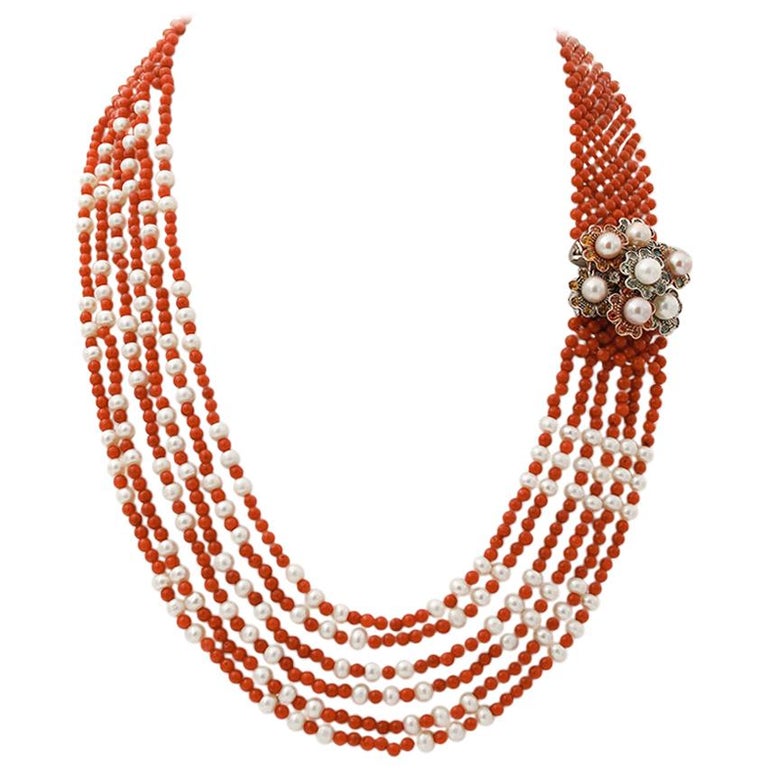 Topazs Emeralds Sapphires, Corals, Pearls, 9 Karat Rose Gold and Silver ...
