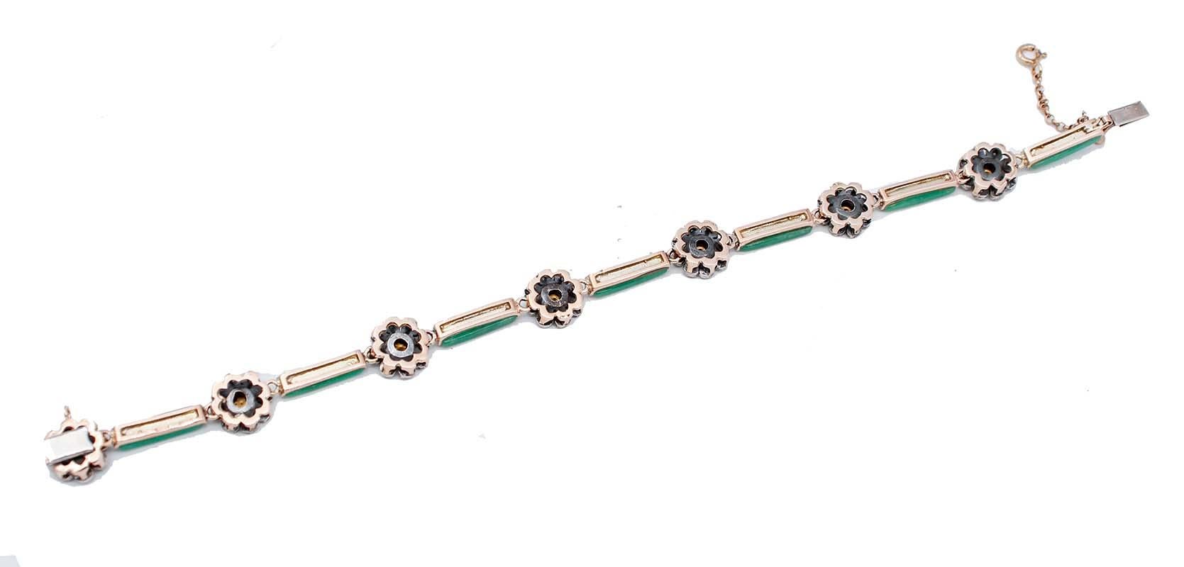 Retro Topazs, Jade, Diamonds, 9 Karat Rose Gold and Silver Bracelet For Sale