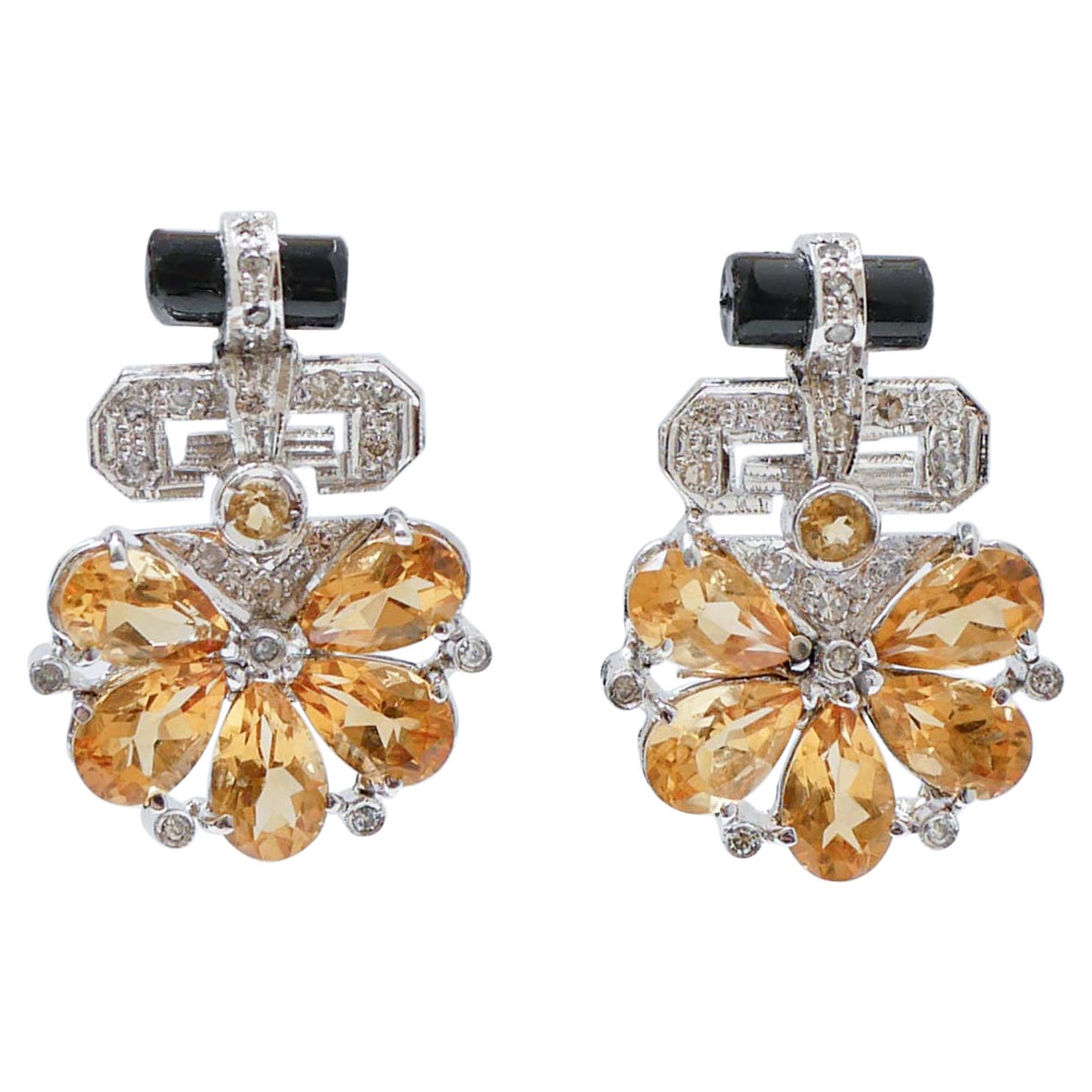 Topazs, Onyx, Diamonds, Platinum and 14 Karat White Gold Earrings. For Sale