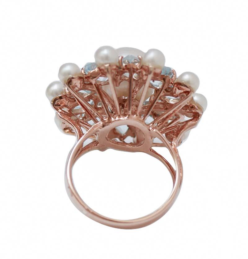 Retro Topazs, Pearls, Diamonds, 14 Karat Rose Gold and Silver Ring. For Sale