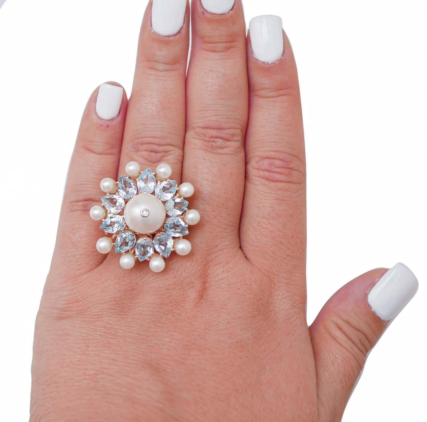 Mixed Cut Topazs, Pearls, Diamonds, 14 Karat Rose Gold and Silver Ring. For Sale