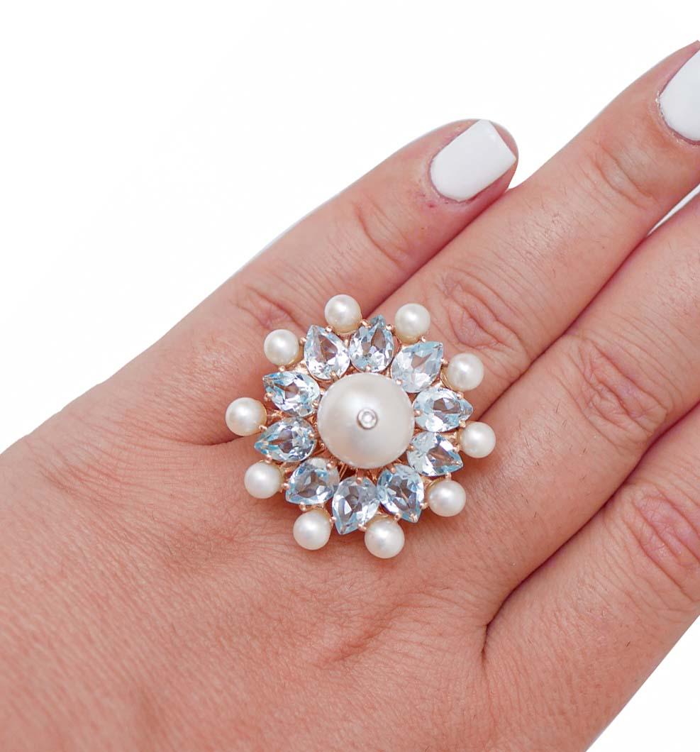 Topazs, Pearls, Diamonds, 14 Karat Rose Gold and Silver Ring. In Good Condition For Sale In Marcianise, Marcianise (CE)