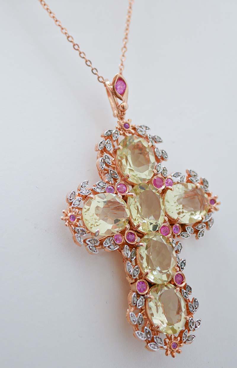Retro Topazs, Rubies, Diamonds, Rose Gold and Silver Cross  Pendant Necklace.