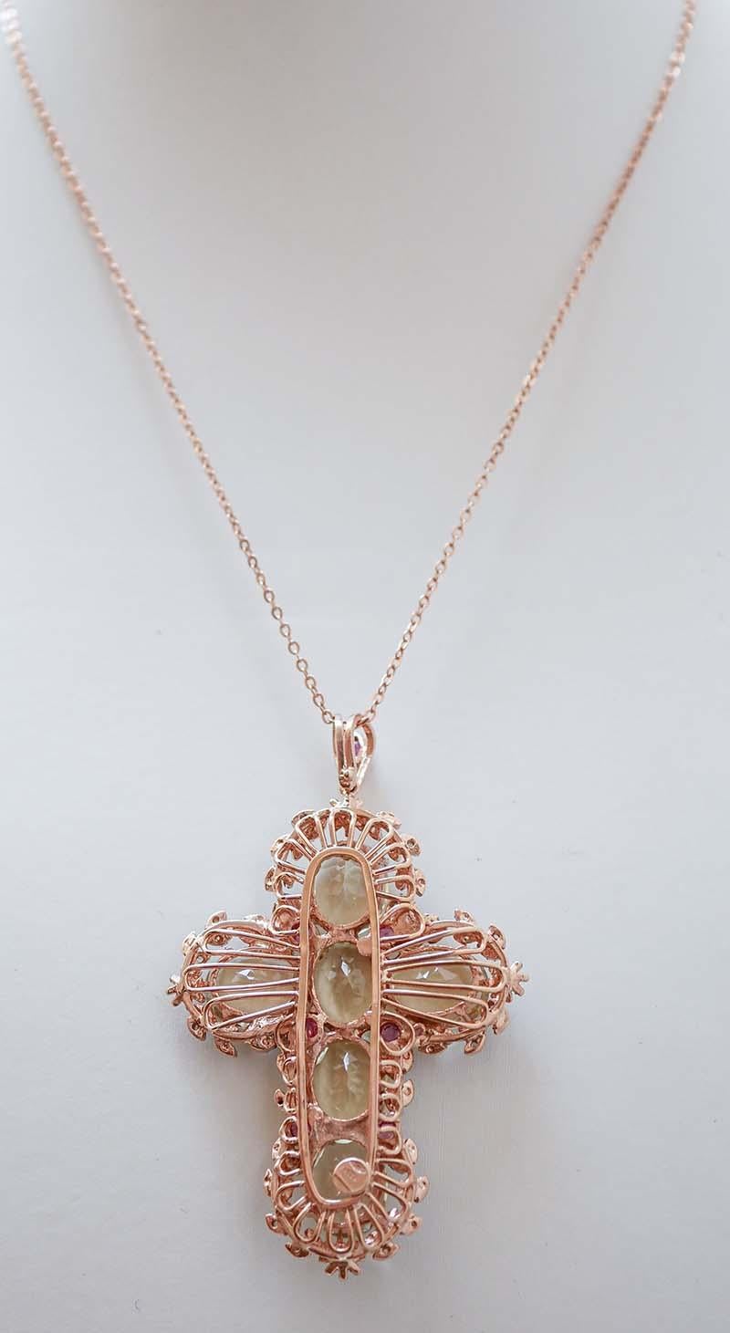 Mixed Cut Topazs, Rubies, Diamonds, Rose Gold and Silver Cross  Pendant Necklace.