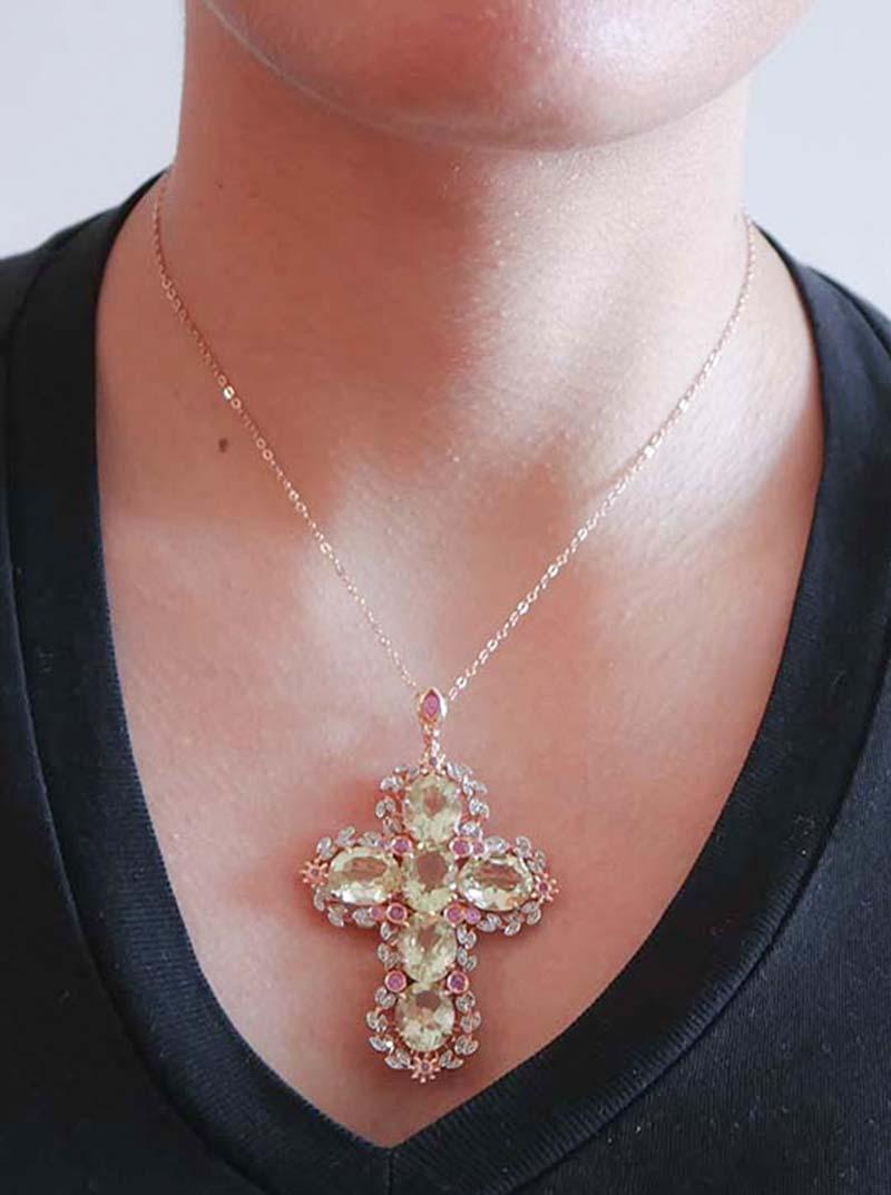 Women's Topazs, Rubies, Diamonds, Rose Gold and Silver Cross  Pendant Necklace.