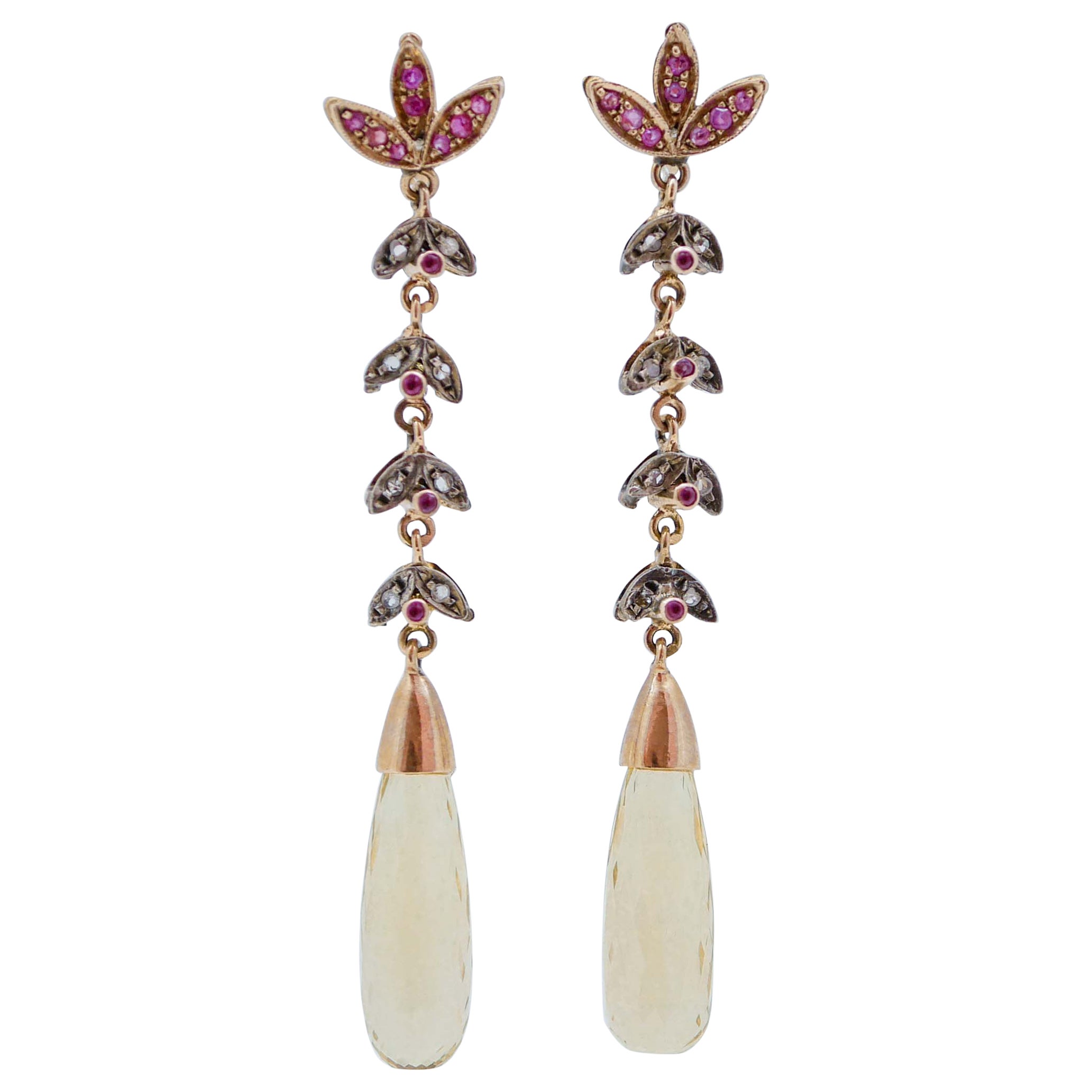 Boucles d'oreilles en or rose, topaze, rubis et diamants.