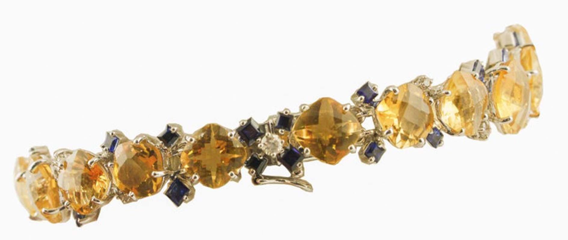 Mixed Cut Topazs, Sapphires, Diamonds, 14 Karat White Gold Retrò Bracelet. For Sale