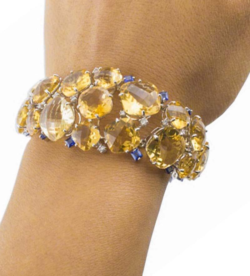 Women's Topazs, Sapphires, Diamonds, 14 Karat White Gold Retrò Bracelet. For Sale