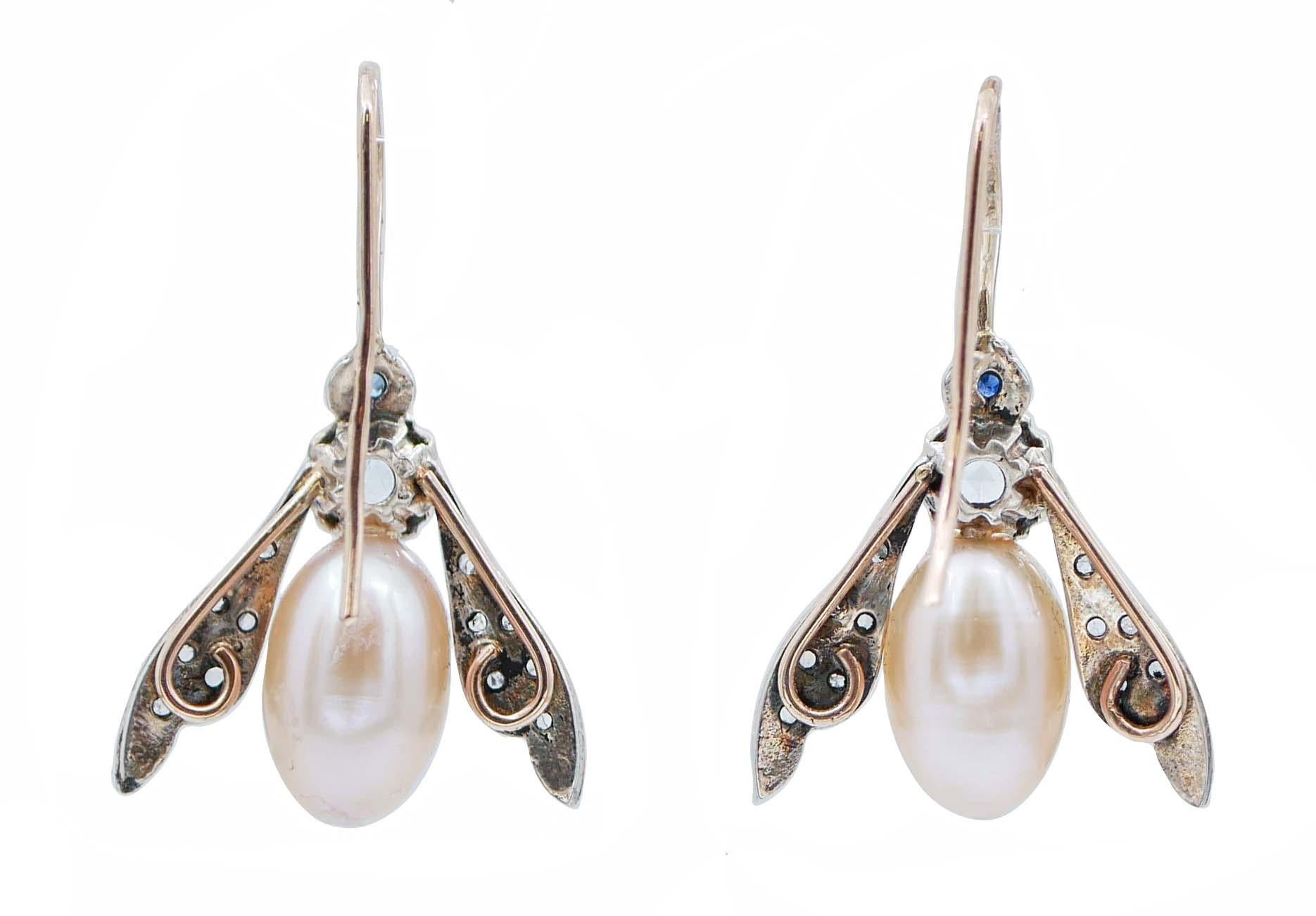 Ohrringe in Fliegenform mit Topas, Saphiren, Perlen, Diamanten, Roségold und Silber (Retro) im Angebot